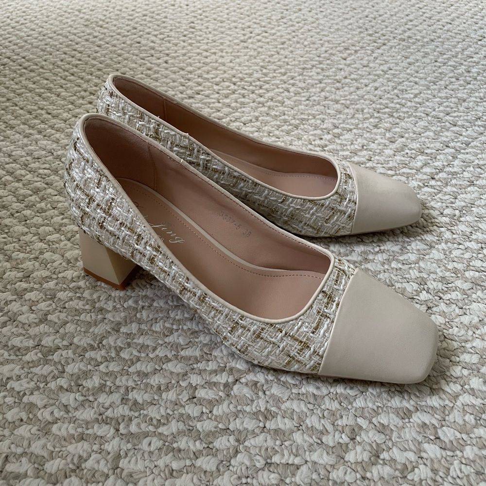 White/Cream tweed block heels loafer chanel style